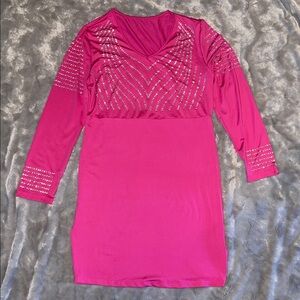 SHEIN Pink Rhinestone V-Neck Mini Dress XL Long Sleeve